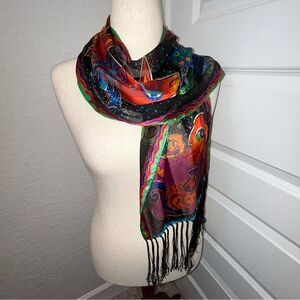 Laurel Burch Dogs & Doggies Print Silk Fringe Scarf